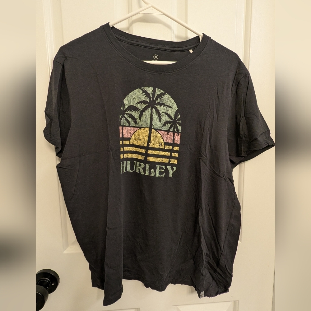 Hurley Black Short Sleeve Tee with Multicolor Palm Sunset Graphic